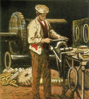Engines Prints: The Engineer using a file on an engine part held in a vise