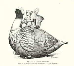 Eros riding a duck, ancient Greek enamelled vase (litho)
