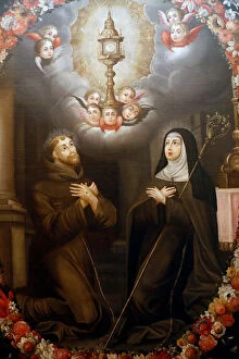 Evora Museum. Saint Francis of Assisi and Clare of Assisi venerationg the Eucharist