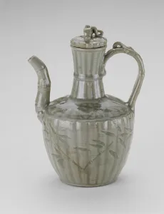 Ewer with Bamboo-shaped Spout, Fluting, and Leaves (stoneware with celadon glaze & Ewer with Bamboo-shaped Spout, Fluting, and Leaves (stoneware with celadon glaze &