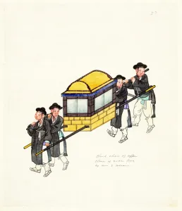 Bearers Prints: Example of an Enclosed Palanquin, published c. 1890 (hand coloured engraving)
