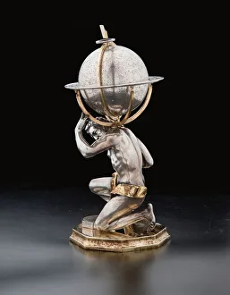 Supporting Prints: Two exceptional terrestrial and celestial globes, supported by Hercules and Atlas