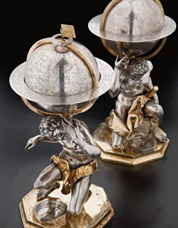 Maps (celestial And Terrestrial) Prints: Two exceptional terrestrial and celestial globes, supported by Hercules and Atlas