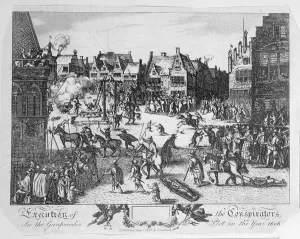 Prints of GHL165400 Execution of the Conspirators in the Gunpowder Plot in Old Palace Yard, Westminster, in 1606, 1795 (engraving) by Visscher, Nicolaes (Claes) Images Dated 2006 November: Execution of the Conspirators in the Gunpowder Plot in Old Palace Yard