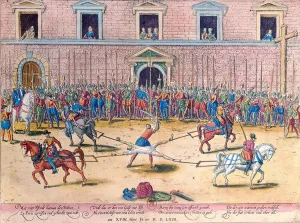 Calvinism Prints: Execution of Jean de Poltrot, Sieur de Mere, on 18th March, 1563 (coloured engraving)