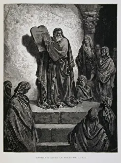 Focus Prints: Ezra shows the ten commandments on tablets, Illustration from the Dore Bible, 1866