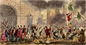 Cruikshank Prints: Fire at the House of Accommodation