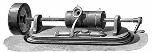 First model of Edison's Phonograph (c.1877). In this model the recording cylinder was rotated by hand. Engraving, c 1880