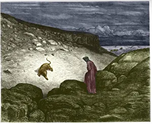 First song of Hell, a panthere opposes Dante's passage. Illustration by Gustave Dore, 1852 (engraving) First song of Hell, a panthere opposes Dante's passage. Illustration by Gustave Dore, 1852 (engraving)