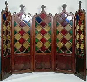 Walnut Wood Prints: Five-panel screen with walnut frames and polychrome blown glass