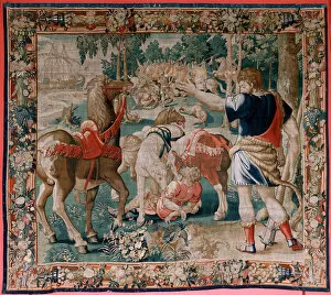 Flemish tapestry. Series The Labours of Hercules. The Horses of Diomedes (Los caballos de Diomedes). Third tapestry in the extant series. Model Unknown. Manufacture Willem Dermoyen, Brussels. Ca1528. Fabric Silk and wool. Size 350 x 400 cm