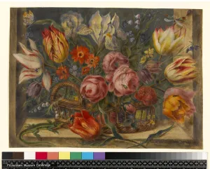 Flower study: assorted flowers in a basket, with insects and a lizard in a window setting Flower study: assorted flowers in a basket, with insects and a lizard in a window setting