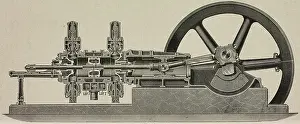 Four-stroke gas engine, Otto cycle, G9 model, produced by Langen and Wolf, Milan, Italy, illustration from L'Industria, Rivista tecnica ed economica illustrata, Milan, 1903