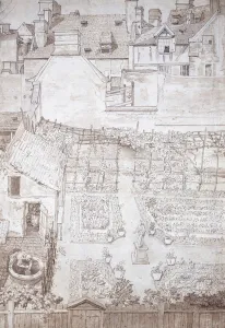 A garden of a town house, with parterres and vine pergola, enclosed by buildings, c A garden of a town house, with parterres and vine pergola, enclosed by buildings, c