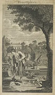 Greenhouse Prints: A gardener digging a patch in the grounds of an estate