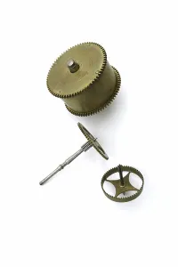 The going train and spring barrel of a table clock, c.1660 (brass)