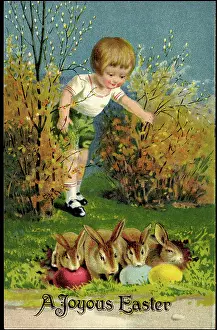 Ak Frohe Ostern Prints: Happy Easter, boy discovers Easter bunnies, Easter eggs