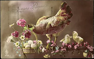 Ostern Kleeblatter Prints: Happy Easter, Chicken, Chick, Easter Egg Basket, Branch, Flowers