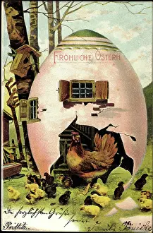 Daffodils Prints: Happy Easter, chicken with their chicks, Easter egg as a house
