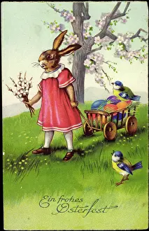 1933 Prints: Happy Easter, Easter Bunny pulls wagons, Easter eggs, sparrows
