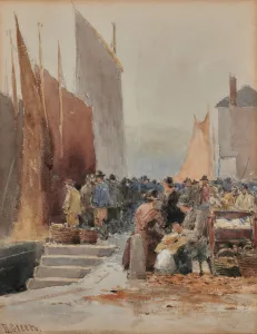 Harbour Scene: Arrival of fishing fleet, 19th century (Watercolour) Harbour Scene: Arrival of fishing fleet, 19th century (Watercolour)