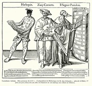 Harlequin, Zany Corneto and Patalone, characters from the Commedia dell'Arte (woodcut) Harlequin, Zany Corneto and Patalone, characters from the Commedia dell'Arte (woodcut)