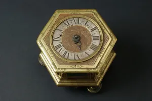 School Thai Prints: Hexagonal-shaped horizontal table clock inserted in glass and brass case