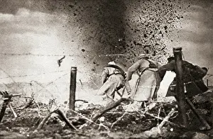 1914 Prints: A high explosive shell exploding over French troops during World War One