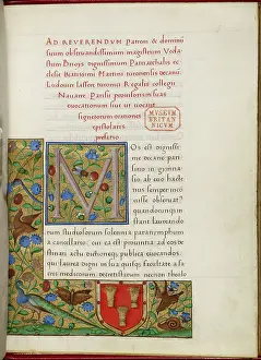 Heraldries Prints: Illuminated initial M'(os) and partial panel border with flowers