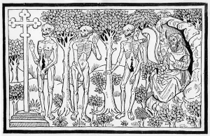 Illustration from the Danse Macabre, published Paris, 1485 (woodcut) (b/w photo) Illustration from the Danse Macabre, published Paris, 1485 (woodcut) (b/w photo)