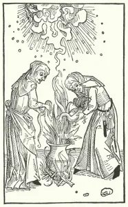 Illustration from a treatise by Ulrich Molitor about diviner women and witchcraft (engraving) Illustration from a treatise by Ulrich Molitor about diviner women and witchcraft (engraving)