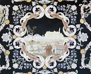 Inlaid walnut root octagonal table, detail from scagliola and crushed chalk top, depicting Miracle of St Francis of Paola, 1696, by Gerolamo Messina, Italy, 17th century, detail