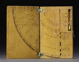 Interior of a foldable and portable clock dial, features a scale for degrees, hours, and zodiac signs, 1723 (wood)