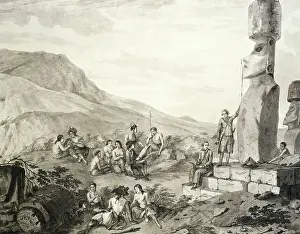 Islanders and Monuments of Easter Island, engraving from A voyage round the world in the years 1785-1788 by Jean-Francois de Galaup de La Perouse (1741-1788), Polynesia, 18th century