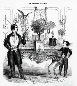 Jean Eugene Robert-Houdin (1805-71) Explaining a Mechanical Toy (engraving) (b/w photo) Jean Eugene Robert-Houdin (1805-71) Explaining a Mechanical Toy (engraving) (b/w photo)