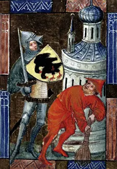 Broom Prints: Knight with a sword, and shield decorated with crows