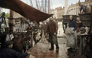Sinner Prints: La Rochelle: unloading cod - postcard, 20th century