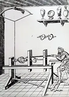 Lathe Prints: A Lathe using a spring bow and device to allow eccentric turning, 16th century