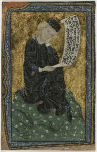 Logician Prints: Leaf: Abelard with scroll (tempera on parchment)