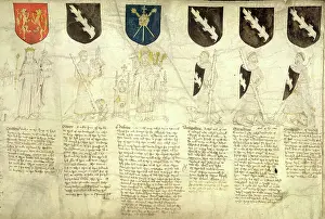 (From left to right): Fig.4: Constantine, King of Britain. Fig.5: Gwayr: A cousin in the third degree to King Arthur. A giant at his feet, who he slew