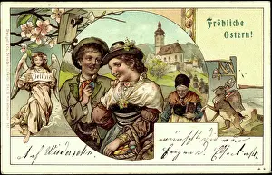 Gladelig Paske Prints: Litho Congratulations Easter, Couple, Angels, Easter Bunny