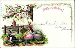 God Paske Prints: Litho Congratulations Easter, Dwarf, Rabbits, Easter Eggs