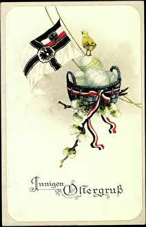 God Paske Prints: Litho Congratulations Easter, Easter Eggs, Flag, Chick