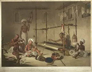 Weaver Prints: A loom, with the process of winding off the thread