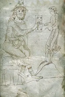 Cicero Marcus Tullius 106 43 Bc Prints: Macrobius presenting his work to his son Eustachius, 1100 (eengraving)