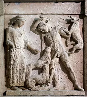 Magna graecia: metope with Artemis and Actaeon, stone relief, 5th century BC