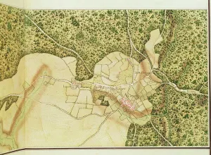 Bourges Prints: Map of the area of Bourges (colour litho)