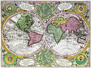 Framed Print : Map of the world and celestial planisphere, 1720-1744 (engraving) Framed Print : Map of the world and celestial planisphere, 1720-1744 (engraving)