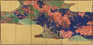 Maple leaves on a stream, six-panel screen, Edo Period, 1856-58