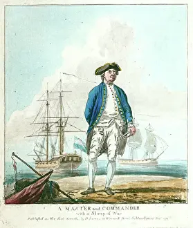 Framed Print : A master and commander with a sloop of war, 1777 (coloured etching) Framed Print : A master and commander with a sloop of war, 1777 (coloured etching)